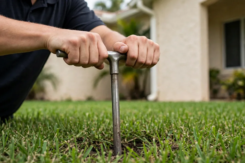 A technician pushing a metal soil probe into a green St. Augustine lawn in front of a Florida stucco home