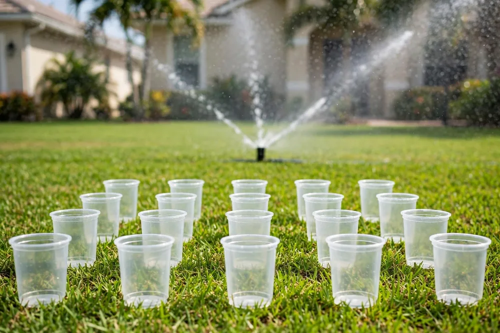 Straight-sided catch cups placed in a grid across a lawn zone while a pop-up sprinkler runs behind them