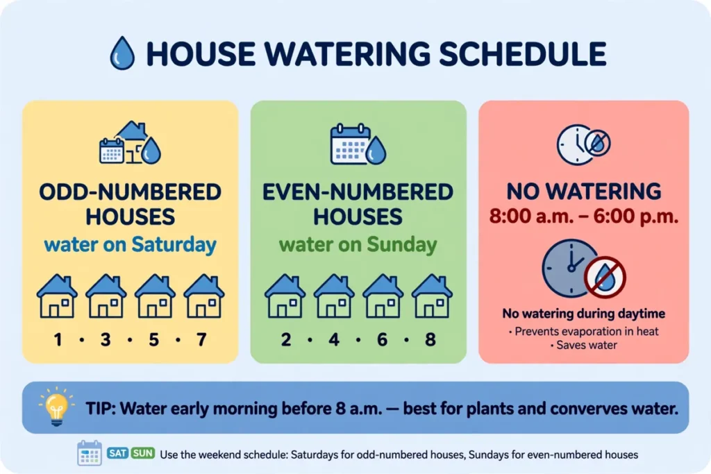 Infographic showing odd-numbered houses water on Saturday, even-numbered houses water on Sunday, and no watering from 8 a.m. to 6 p.m.