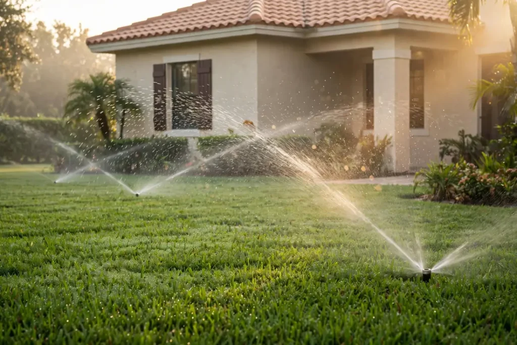 Lawn sprinklers running at dawn on a green St. Augustine lawn in front of a Florida stucco home with a tile roof