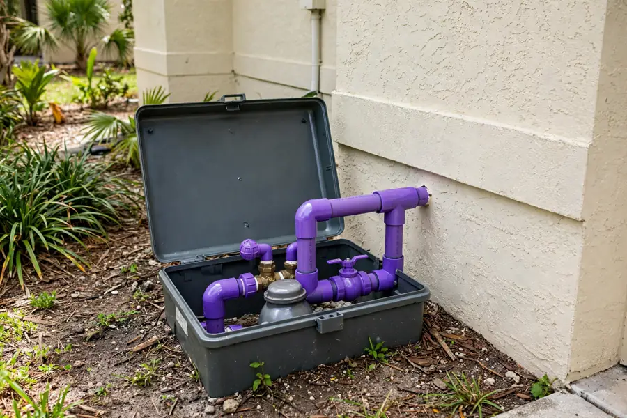 Purple reclaimed water pipe and fittings at an outdoor meter box beside a Florida stucco home
