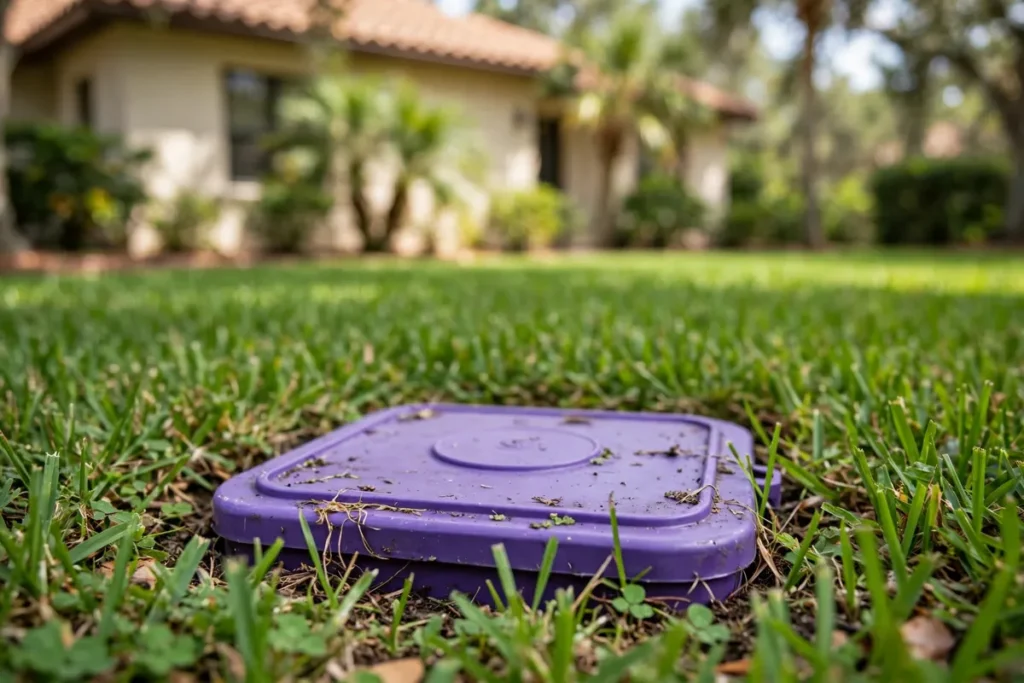 Purple reclaimed water valve box lid in a St. Augustine lawn in front of a Palm Coast stucco home with a tile roof