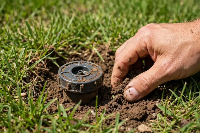 Hand clearing dirt from a sprinkler head that won't pop up
