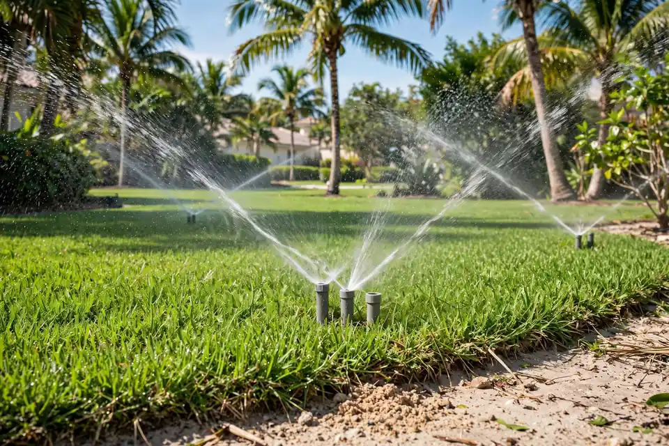 Pop-up sprinklers watering a Florida lawn with palm trees
