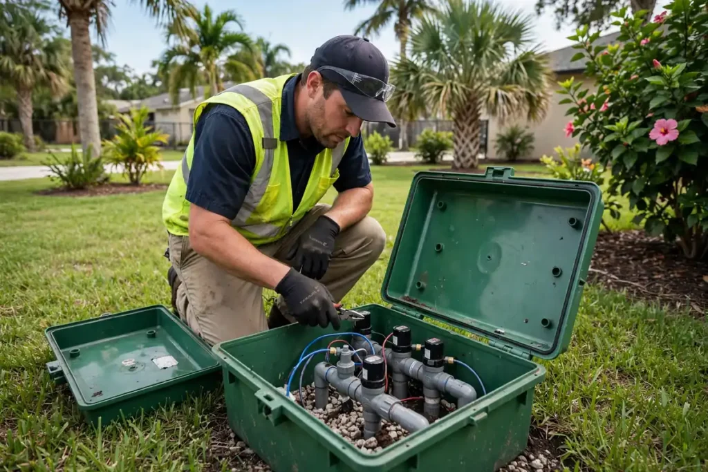 Irrigation & sprinkler Technician inspecting sprinkler zone valves in a valve box