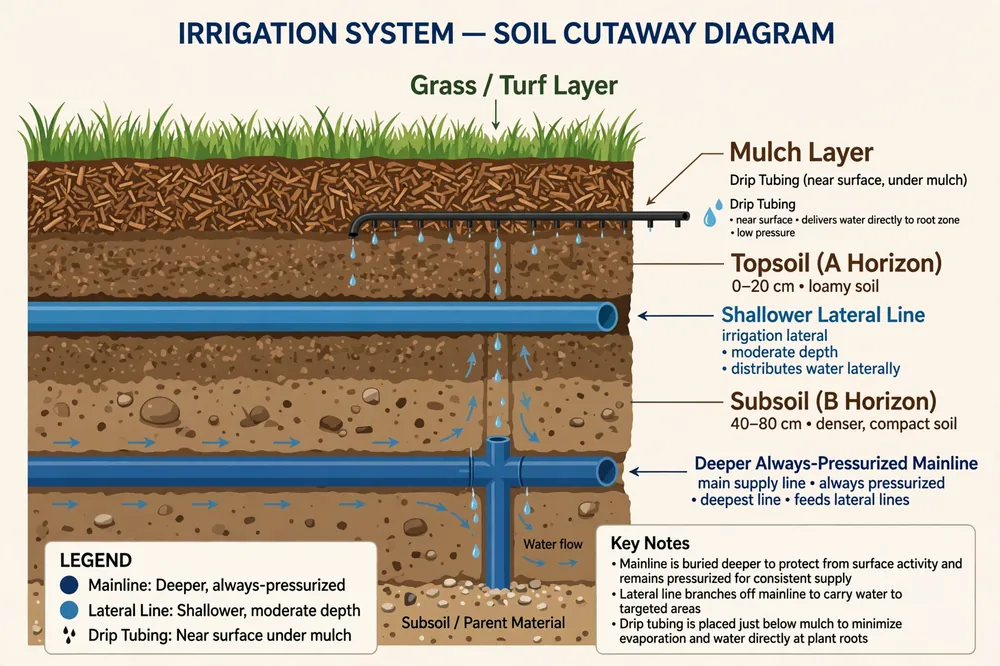 Cutaway diagram of soil layers showing a deeper always-pressurized mainline, a shallower lateral line, and drip tubing near the surface under mulch