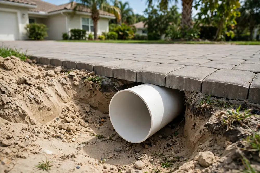 A large white PVC sleeve pipe protruding from sandy soil at the edge of a paver driveway, ready for an irrigation line to be pulled through