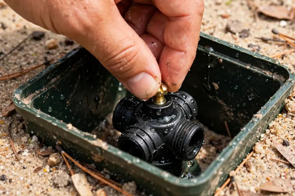 Hand turning the brass bleed screw on a black irrigation valve inside an open valve box