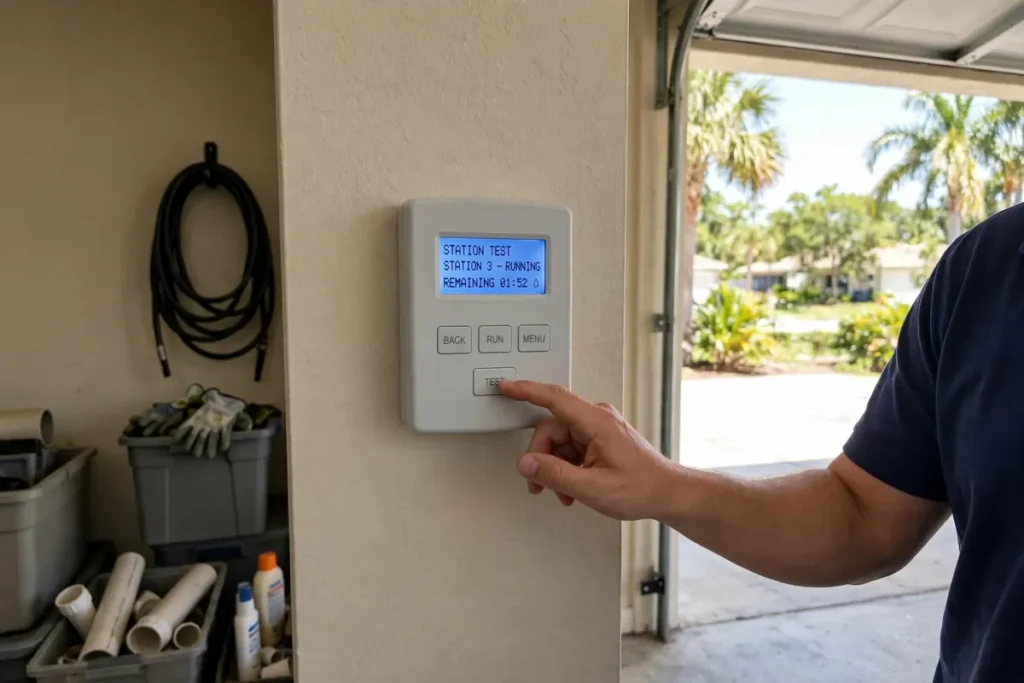 Technician pressing test on an irrigation controller showing a station test running in a garage