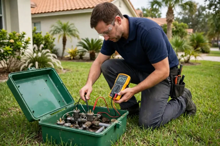 Technician in a navy polo testing a sprinkler valve solenoid with a multimeter at an open valve box in a Palm Coast front yard
