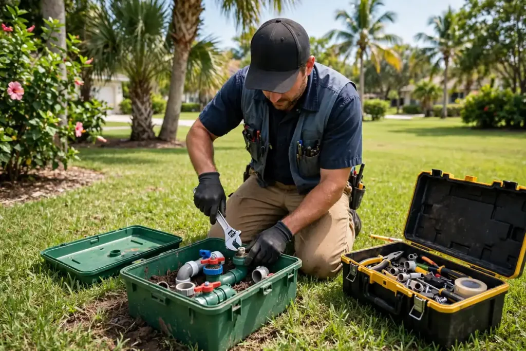 technician repairing valve box florida