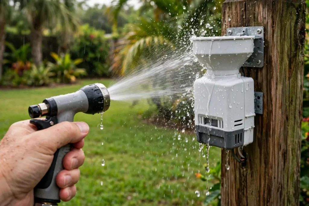 Hand spraying a rain sensor with a garden hose to test it