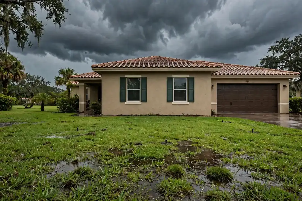 Storm clouds over a green St. Augustine lawn with sprinklers off, in front of a Palm Coast stucco home with a tile roof