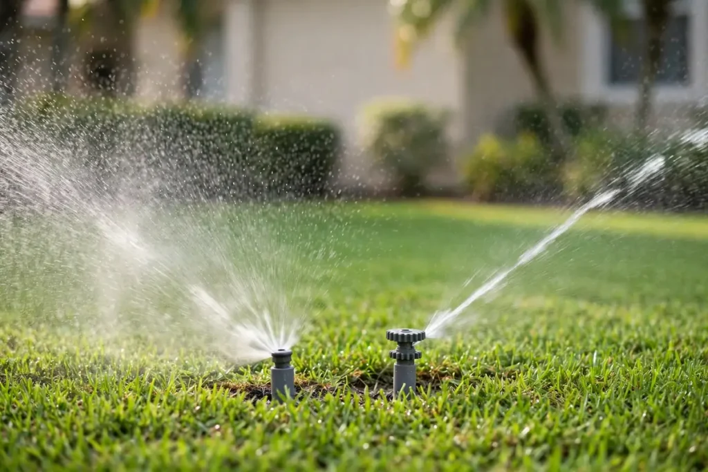 Fixed spray head throwing a fine fan of water beside a gear rotor head throwing a single rotating stream on a St. Augustine lawn