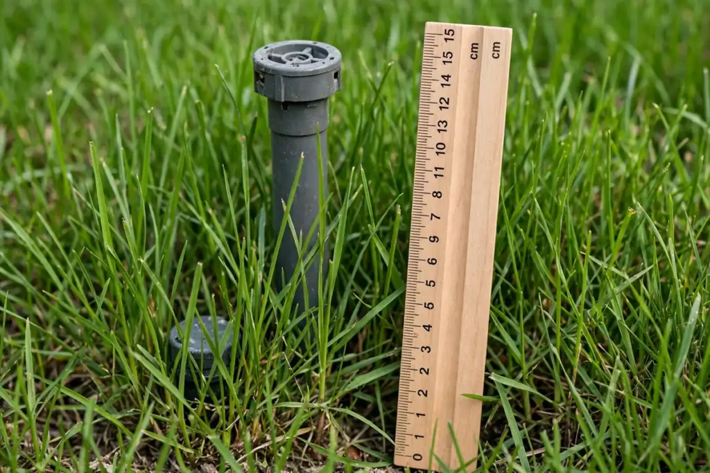 Taller pop-up sprinkler head rising above tall turf beside a shorter head partly hidden by grass, with a ruler standing in the lawn